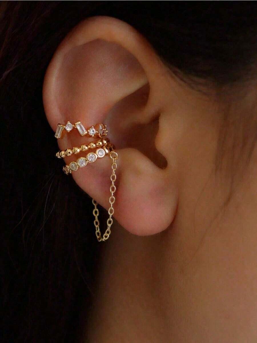 3pcs Shiny Cubic Zirconia Chain Clip-On Earrings Set, Multi-Layer Stacking Earrings Suitable For Women Daily, Date, Party Wear - Yellow Gold - View 1