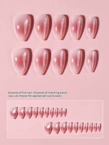 30pcs Short Almond-Shaped Pink Cat Eye Design French Tip Press-On Nails, Short Nails, Perfect Fit Acrylic Fake Nails Set, Includes: 1pc Jelly Gel And 1pc Nail File. French Almond Tip Nails And Cat Eye Nails, Suitable For Women & Girls For Daily, Holiday Party, Etc. - Multicolor - View 3