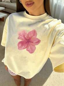 1pcs Plus Size Women's Loose, Drop-Shoulder Fit 100% Cotton T-Shirt, Printed With Watercolor Pink Hibiscus Flowers, Perfect For Tropical Vacations, Beach Dates, Summer Parties, Conveying A Romantic Tropical Vibe - Màu vàng - Xem 20