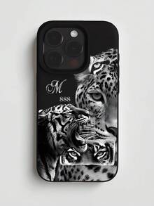 1pc Minimalist Personalized Tiger & Leopard Dark Graphic Design Black Liquid Edge Phone Case Compatible With IPhone 16/16Pro/16Plus/15/15ProMax/15Pro/11/12/13/14ProMax/11Pro/11ProMax/12Pro/12ProMax/13Pro/13ProMax/14Pro/14ProMax, Soft Shell, Elegant Creative - Multicolor - View 1