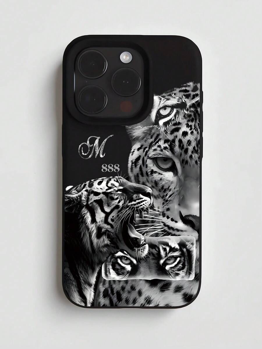 1pc Minimalist Personalized Tiger & Leopard Dark Graphic Design Black Liquid Edge Phone Case Compatible With IPhone 16/16Pro/16Plus/15/15ProMax/15Pro/11/12/13/14ProMax/11Pro/11ProMax/12Pro/12ProMax/13Pro/13ProMax/14Pro/14ProMax, Soft Shell, Elegant Creative - Multicolor - View 1