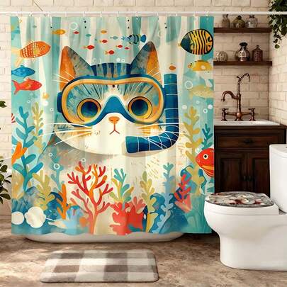 Snorkeling Cat Underwater Shower Curtain, Cute Ocean Fish Bathroom Decor, Waterproof Cartoon Cat Bath Curtain With Hooks, Playful Coral Reef Print Shower Curtain For Bathtub & Shower Stall, Whimsical Bathroom Accessories, Washable Teal Orange Bathroom Curtain, Fun Sea Creature Bath Decor