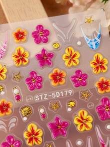 2片夏季芙蓉花美甲贴纸，5D立体彩色花瓣，贝壳、海星、波浪线图案，法式美甲贴纸，DIY音乐节美甲装饰 - 彩色 - 查看 8