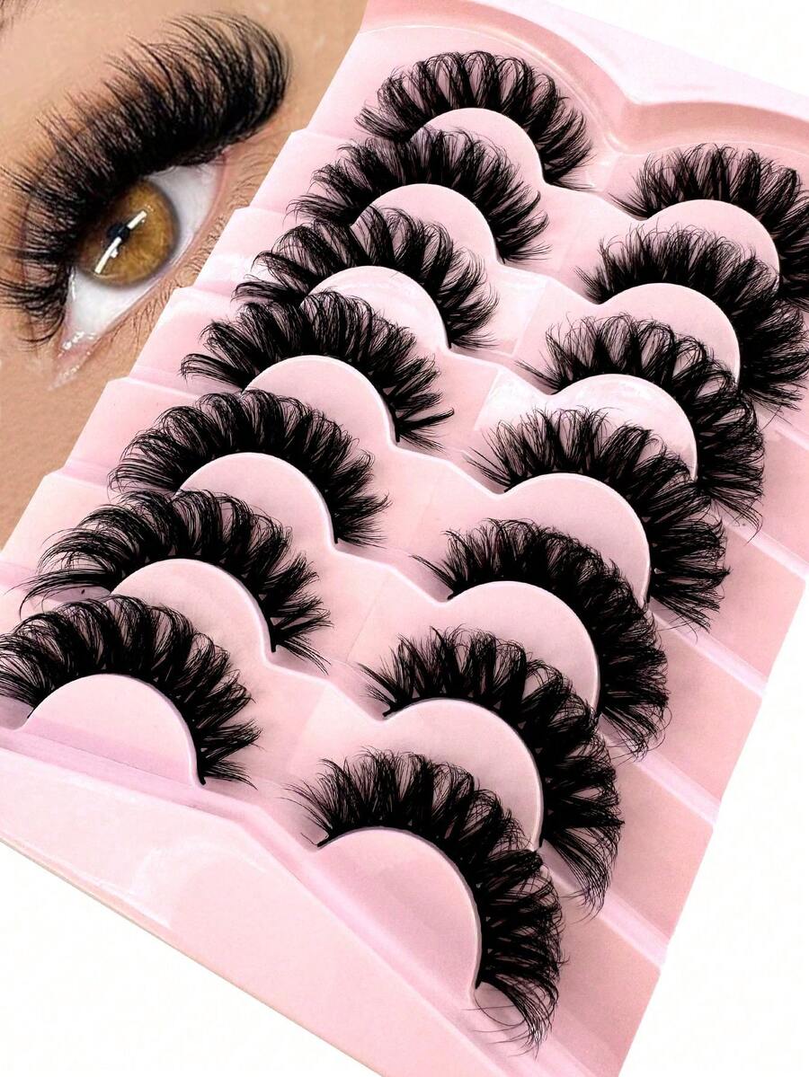 7 Pairs/Pack DD Curl Russian False Eyelashes, Thick Curled Fluffy, 3D Faux Mink Lashes, Cat Eye Effect, 8D Lengthening & Volumizing Lashes, Lift & Extend Eye Corners, Create Delicate Makeup - Black - View 1