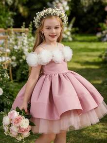 Young Girl 3D Rose Tulle Elegant Palace Style Flower Girl Dress, Princess Dress Suitable For Girls Birthday Party, Prom, Masquerade Ball, Flower Girl Wedding, Bridesmaid, Wedding Gown, Important Occasions And Festivals - Pink - View 2