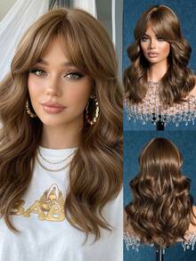 16" Medium Wavy Chestnut Brown Wig With Bangs, Fluffy Heat Resistant Synthetic Wig For Women Daily & Cosplay Party - Brown - View 3