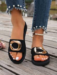 Fashionable Metal Buckle Decor Sandals, Versatile Slim, Non-Slip, Lightweight, Suitable For Commuting And Casual Wear, Plus Size - Black - View 4