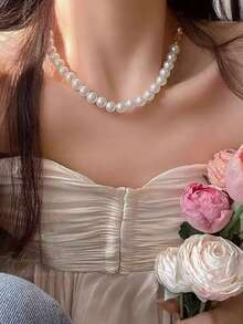 简约优雅时尚锁骨链，法式奢华珍珠项链，百搭项链配饰，新品上市 - 白色珍珠 - 查看 1