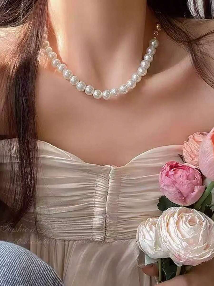 简约优雅时尚锁骨链，法式奢华珍珠项链，百搭项链配饰，新品上市 - 白色珍珠 - 查看 1