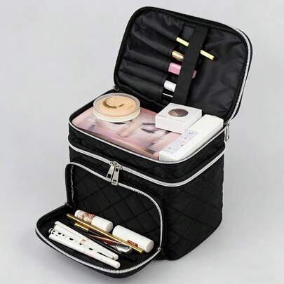 Large Capacity Quilted Cosmetic Bag With Handle And Zipper - Multifunctional Double-Layer Travel Makeup Organizer Bag, Portable Toiletry Storage Box For Men And Women, Black Fabric With Silver Zipper, Suitable For Home And Travel, Fashion Makeup Bag | Structural Design, Large Makeup Bag, Compartmentalized Storage, Convenient And Tidy