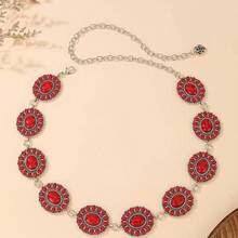 1 pieza Cinturón de aleación de plata para mujer, estilo vintage con piedra ovalada roja y hebilla de rosa, cadena ajustable, adecuado para vestidos, fiestas, uso diario - Rojo - Ver 3