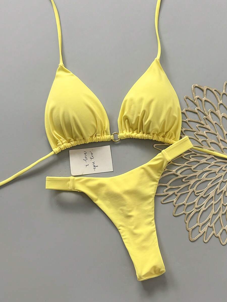 女款性感掛脖比基尼套裝，可愛優雅高彈性黃色泳衣，休閒波希米亞風海灘泳裝 - 黃色 - 查看 1