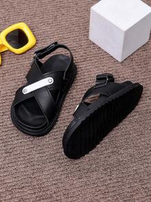1双男女通用新款PU魔术贴平底可爱露趾凉鞋，柔软防滑儿童沙滩鞋，适合夏季穿着 - 黑色 - 查看 4