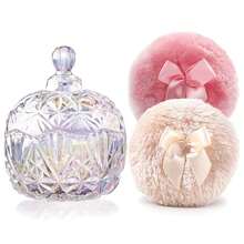 Luxury 4 Inch Glass Powder Container With 2 Soft Puffs For Loose Powder - 1 Puff beige y 1 lazo rosa con corona: color deslumbrante - Ver 1