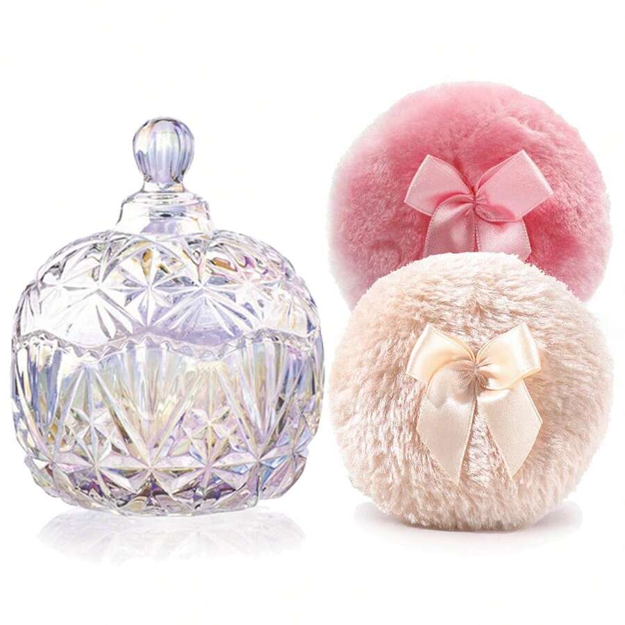 Luxury 4 Inch Glass Powder Container With 2 Soft Puffs For Loose Powder - 1 Puff beige y 1 lazo rosa con corona: color deslumbrante - Ver 1