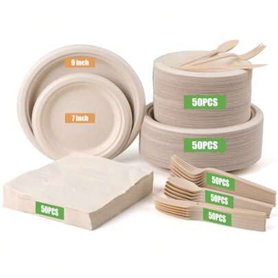 Juego de 300 platos de papel desechables incluye 50 platos biodegradables tenedores cuchillos y cucharas compostables