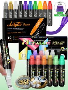 15mm Wide Acrylic Paint Marker Pens - 10 Vibrant Colors & 12 Metallic Colors, High Coverage, Large Ink Capacity, Layering Function, Suitable For Bold Graffiti And Art Creation - Sets - View 1