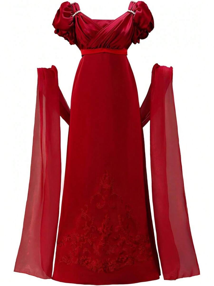 Lace Empire Waist Dress With Pearls For Women - 酒紅色 - 查看 1