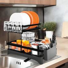 2 Tier Dish Drainer Rack With Drip Tray, Dish Drying Rack With Utensils Holder, Durable Stainless Steel Dish Rack For Kitchen Counter, Black - 2 Tier Large - View 7