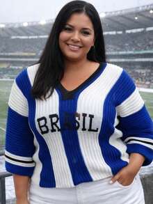 Brazil Blouse In Modal Knit, Plus Size - Xanh và trắng - Xem 3