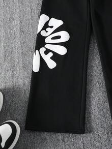 Casual Versatile Street Hip-Hop Style Foaming Letter Graphic Print Soft Comfortable Pants For Tween BoySpring/Summer/Autumn - Black - View 4