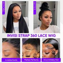 ZHENDEFA 360° Seamless Invisible Lace Front Wig, Transparent Mesh, No Glue No Trace, With Elastic Drawstring, Pre-Trimmed Brazilian Straight Hair, 200% Density - SNatural - View 8