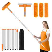 Kit de limpieza de ventanas de 152 pulgadas de alto, diseño de cabezal rotativo de 2 en 1, incluye 10 postes extensibles, herramienta de limpieza de automóviles multifuncional, accesorio de limpieza de cristales, equipo de limpieza de ventanas, 3 almohadillas reutilizables de microfibra y chenilla, lavable a máquina, incluye bolsa de almacenamiento, adecuado para limpiar ventanas altas - Poste de diez secciones - Ver 6