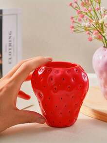 1pc Handpainted Cute Strawberry Shaped Vase, Available In 3 Colors (Rose Red, Cherry Blossom Pink, Daisy Green), Suitable For Home Decor, Garden Decor And Hydroponic Plants - A - View 1