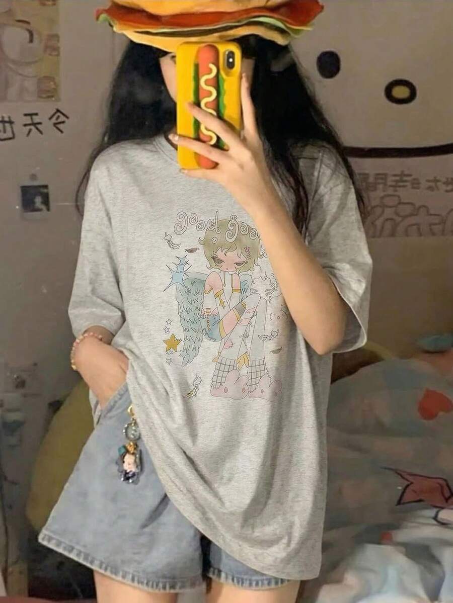 女款夏季休閒寬鬆字母與卡通印花短袖T恤