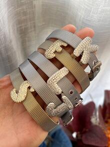 1pc Creative Fashion Elegant Design Exquisite Light Luxury Titanium Steel Inlaid Synthetic Zirconia 26 Alphabet Bracelet For Women Couple Jewelry Delicate Gift, Suitable For Mother's Day,Daily Dates, Parties, Summer, Beach,Holidays, Wedding, Vacation Wear - Gold - View 5