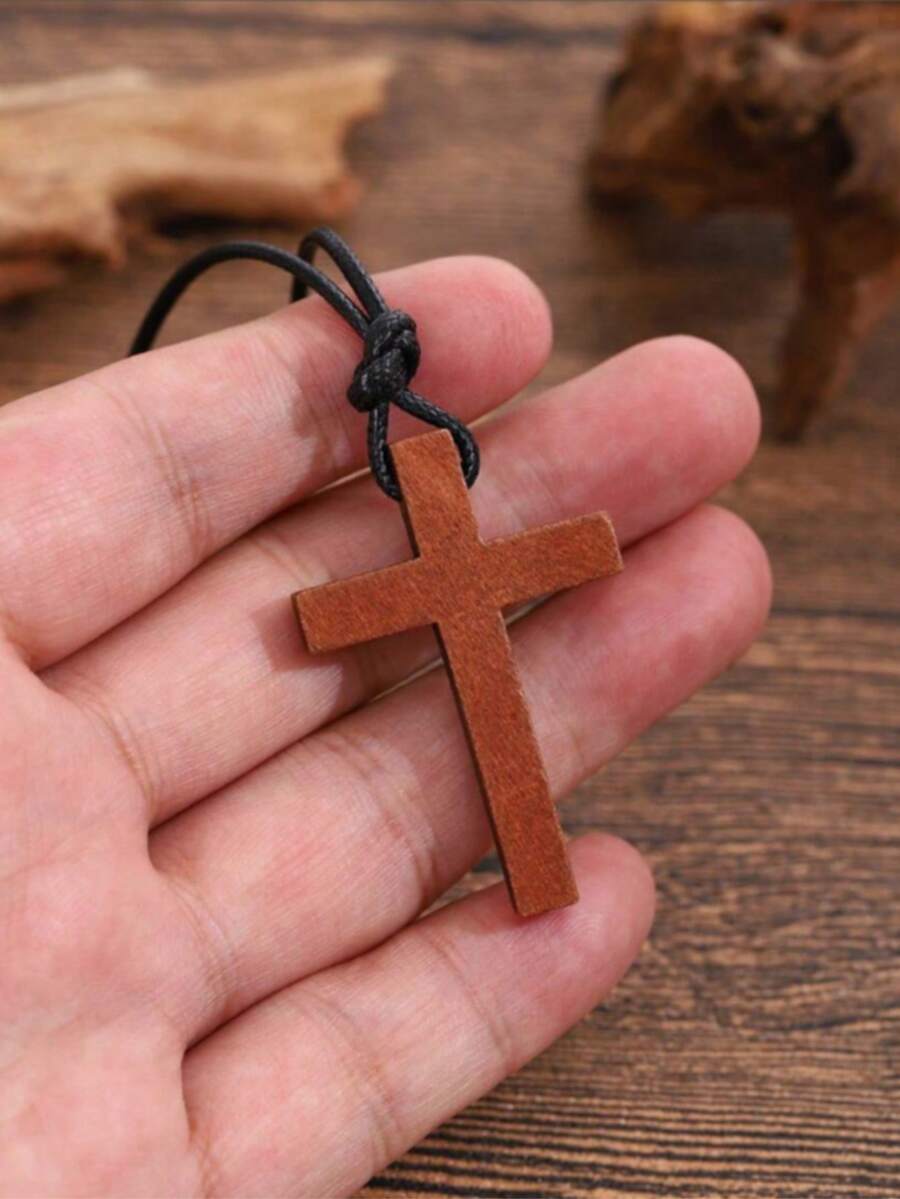 European And American Cross Necklace Coffee Wood Sweater Chain Retro Versatile Missionary Wooden Cross Pendant - 1 - 查看 1