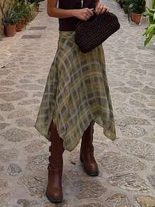 女士高腰不对称格子A字裙，休闲日常穿搭，复古休闲裙 春季款 - 彩色 - 查看 5