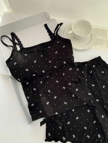 Women's Summer New Camisole Pajamas With Padded Bust, Bow & Lace Trim, Sleepwear - Black - View 5