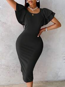 Vestido midi ajustado con cuello redondo, mangas con volantes y drapeado de Amarilo - Ideal para primavera, verano, graduación, invitado de boda y eventos - Negro - Ver 3