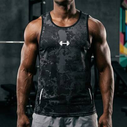 男士休闲运动健身渐变印花无袖背心，男士健身无袖运动背心，男士健身吊带背心