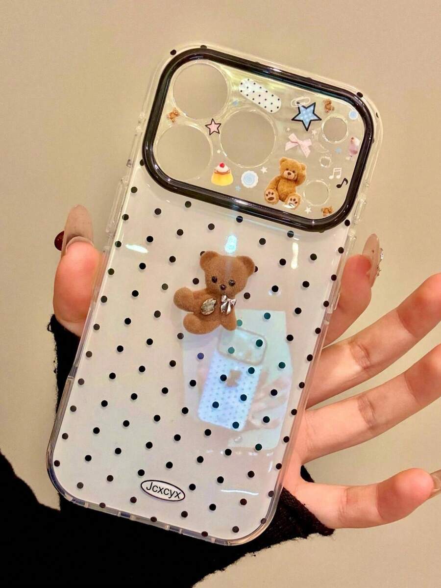 Ốp lưng điện thoại hình gấu 3D nơ chấm bi Kawaii bảo vệ toàn màn hình, tương thích với iPhone 17 Pro Max, 16 Pro Max, 15 Pro Max, 17 Pro Max, 16, màu kẹo ngọt, bao phủ toàn bộ màn hình, quà tặng. - Chấm bi đen - Xem 1