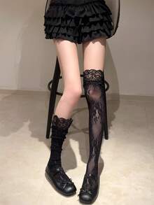 1双复古蕾丝镂空网眼薄丝袜/过膝袜，女士性感玫瑰透明芭蕾舞萝莉风腿套，白色/黑色，春夏款 - 彩色 - 查看 10