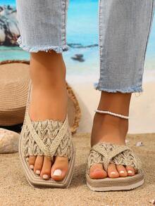 Dép xăng đan đế bằng quai dệt cho nữ, kiểu dáng bohemian retro, chất liệu vải lanh, mũi vuông, dép xỏ ngón thoải mái đi biển, dép lê đế bằng màu kaki. - Màu Khaki - Xem 2