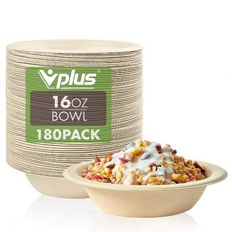 Paquete de 180 cuencos de papel de 16 onzas cuencos compostables desechables a granel cuencos de bagazo ecológicos cuencos resistentes perfectos para cereales de leche aperitivos ensaladas - 16 oz Naturaleza - Ver 1