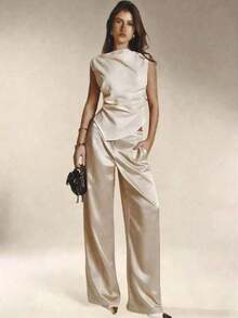 Women's Satin Silk Solid Color Pants With Pockets And Zipper, Suitable For Vacation, Office, Brunch, Airport , All Seasons Black Spring - 香檳色 - 查看 6