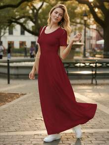 Vestido largo casual para mujer detalle fruncido elástico holgado cuello redondo manga corta primavera verano hogar playa - Rojo - Ver 3
