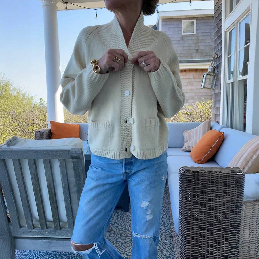 1PC New Women'S Casual Solid Color Classic Knit Long Sleeve Cardigan Sun Protection Jacket - màu trắng nhạt - Xem 1