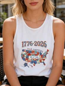 Women's Tank Top / Camisole - Summer Vacation Outfit, Elegant Wear, St. Patrick's Day, March Madness, Pride Month, Music Festival, Easter, Independence Day, Y2K Retro Graffiti, Mother's Day Gift-1776 2026 Independence Day Celebration Tank Top With United States Map Design Featuring Patriotic Flags And Stars For Fourth Of July Festivities Women's Casual Summer Wear - 白色 - 查看 1