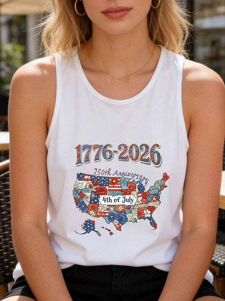Women's Tank Top / Camisole - Summer Vacation Outfit, Elegant Wear, St. Patrick's Day, March Madness, Pride Month, Music Festival, Easter, Independence Day, Y2K Retro Graffiti, Mother's Day Gift-1776 2026 Independence Day Celebration Tank Top With United States Map Design Featuring Patriotic Flags And Stars For Fourth Of July Festivities Women's Casual Summer Wear - 白色 - 查看 1