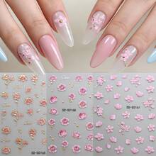 3pcs/Set Pink Sakura & Rose Nail Stickers, 5D Embossed Stamping Gold Romantic Floral Leaves Nail Decals, Self-Adhesive Nail Decorations For Women & Girls Spring Manicure - Multicolor - View 13