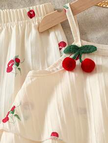 Girls' Summer Cream-Colored Cherry Print Camisole Double-Layer Top + Wide-Leg Pants 2 Pieces Set, Children's Sweet And Fresh Style Outfit Suitable For Daily Outings, Campus Wear, Family Trips, And Park Strolls - Gold - View 4