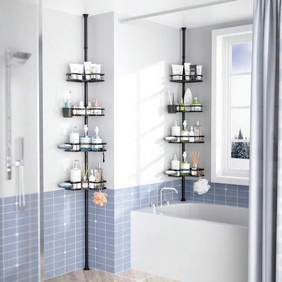 4-stufiger verstellbarer rostfreier Badezimmer-Organizer Eckregal: 43,5-120 Zoll Duschkorb Shampoo-Regal