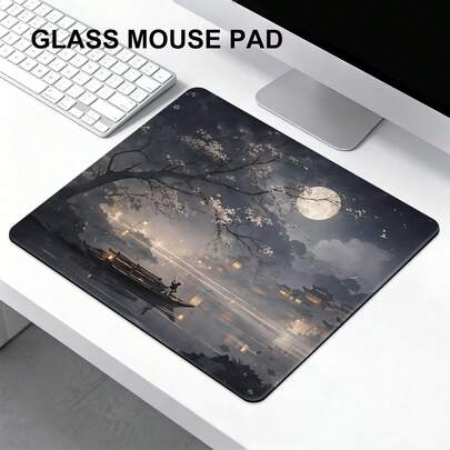 Retro Moonlit River Landscape Glass Mouse Pad, Smooth Response, Silent & Wear-Resistant, Cool & Heat Dissipating, Suitable For Gaming, Office Desk Ambiance, Study Desk Decor, Holiday Gift