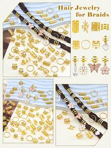 75个花卉梦幻发圈，包含白色爱心、珍珠、雏菊、粉色蝴蝶和山茶花图案 - 优雅多形状可调节合金发夹，浪漫波西米亚花园风格女士发饰 - 金色 - 查看 5