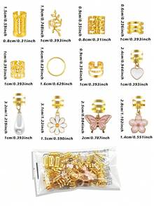 75个花卉梦幻发圈，包含白色爱心、珍珠、雏菊、粉色蝴蝶和山茶花图案 - 优雅多形状可调节合金发夹，浪漫波西米亚花园风格女士发饰 - 金色 - 查看 6